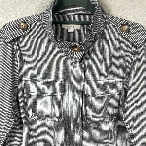 NWT Loft Striped Twill Utility Jacket Linen Cotton Gray White Full Zip Sz S - Picture 4 of 14